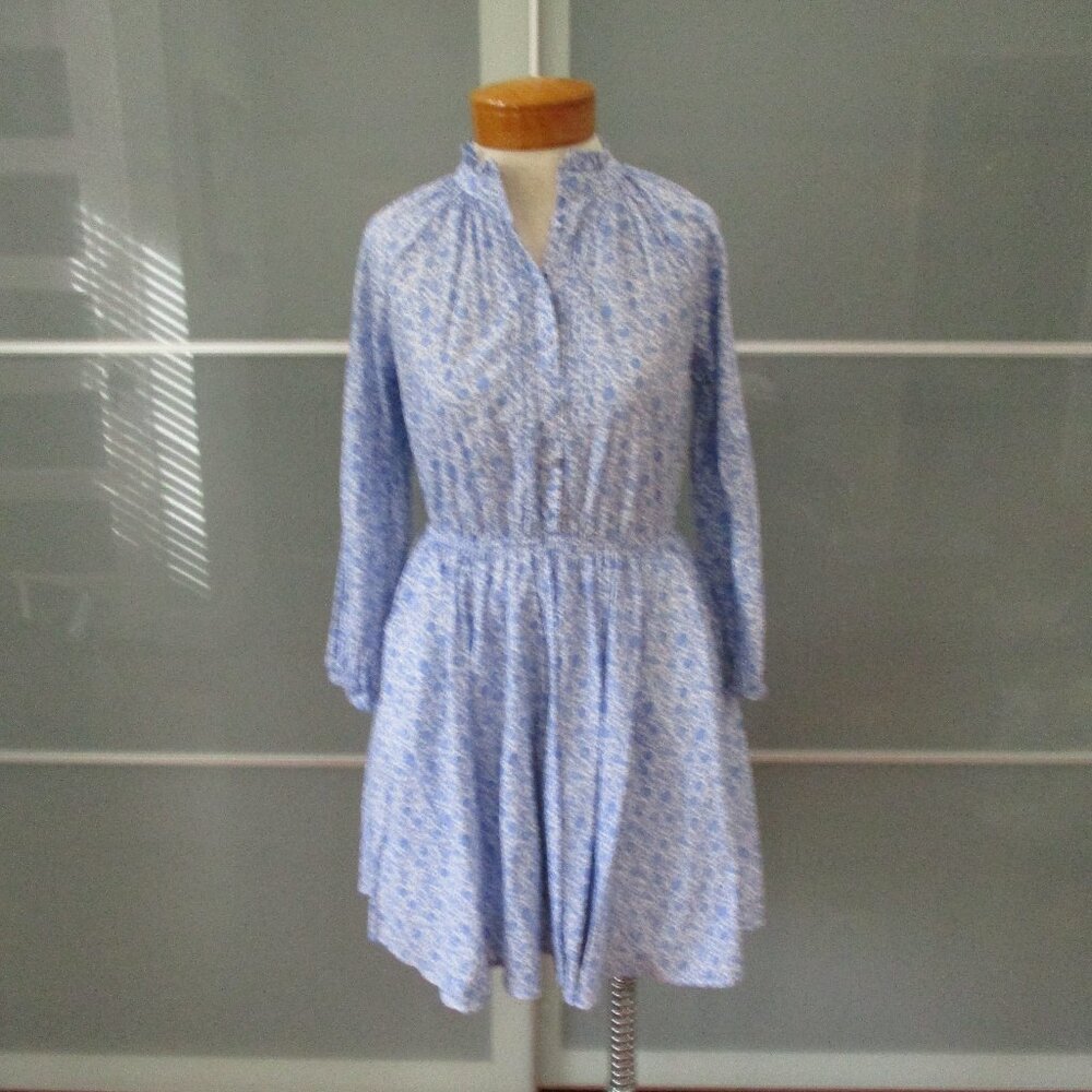 J. Crew Liberty Fabric Blue Floral Ruffle Neck Dress Long Sleeve 100% Cotton